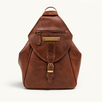 ROSHFORT Mount Tail chestnut convertible leather sling backpack, front