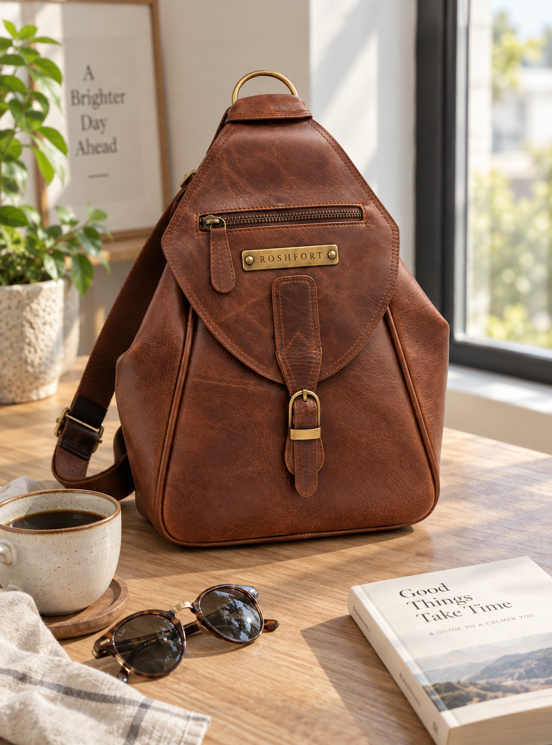 ROSHFORT Mount Tail Chestnut Personalised Convertible Leather Sling Backpack