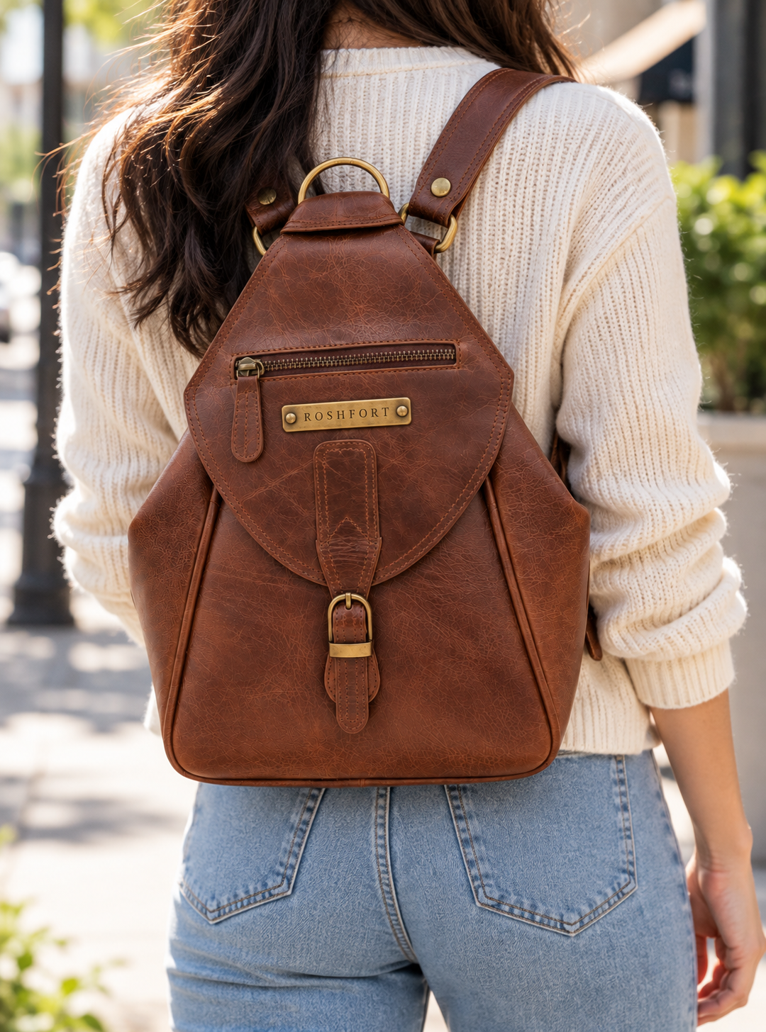 ROSHFORT Mount Tail Chestnut Personalised Convertible Leather Sling Backpack
