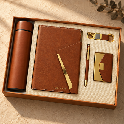 Cognac five-piece gift set open in its presentation box