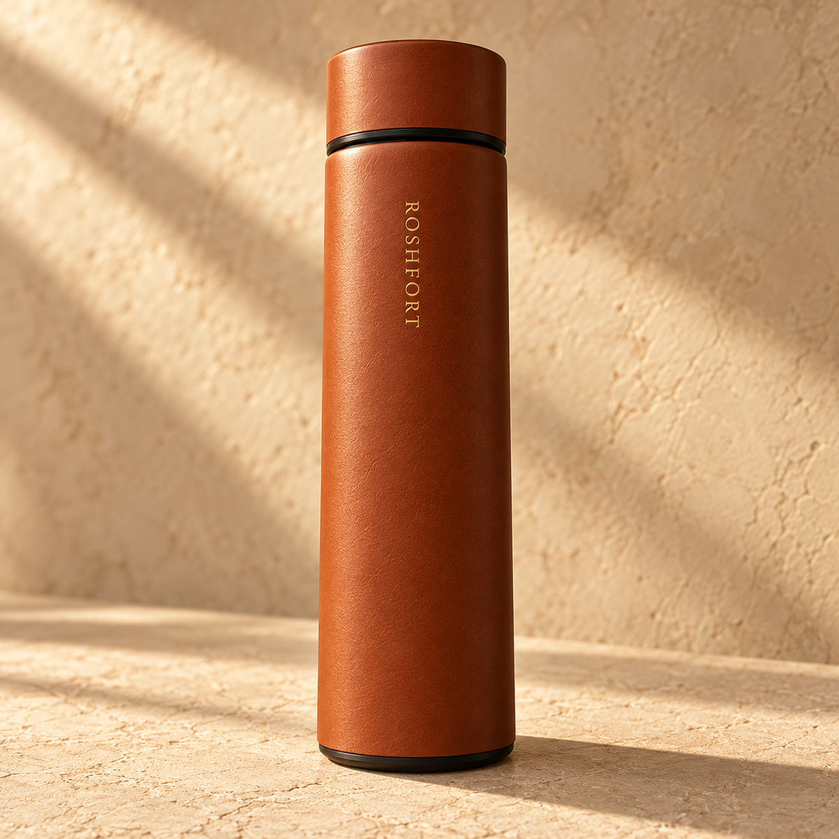 Insulated cognac leather-wrapped bottle