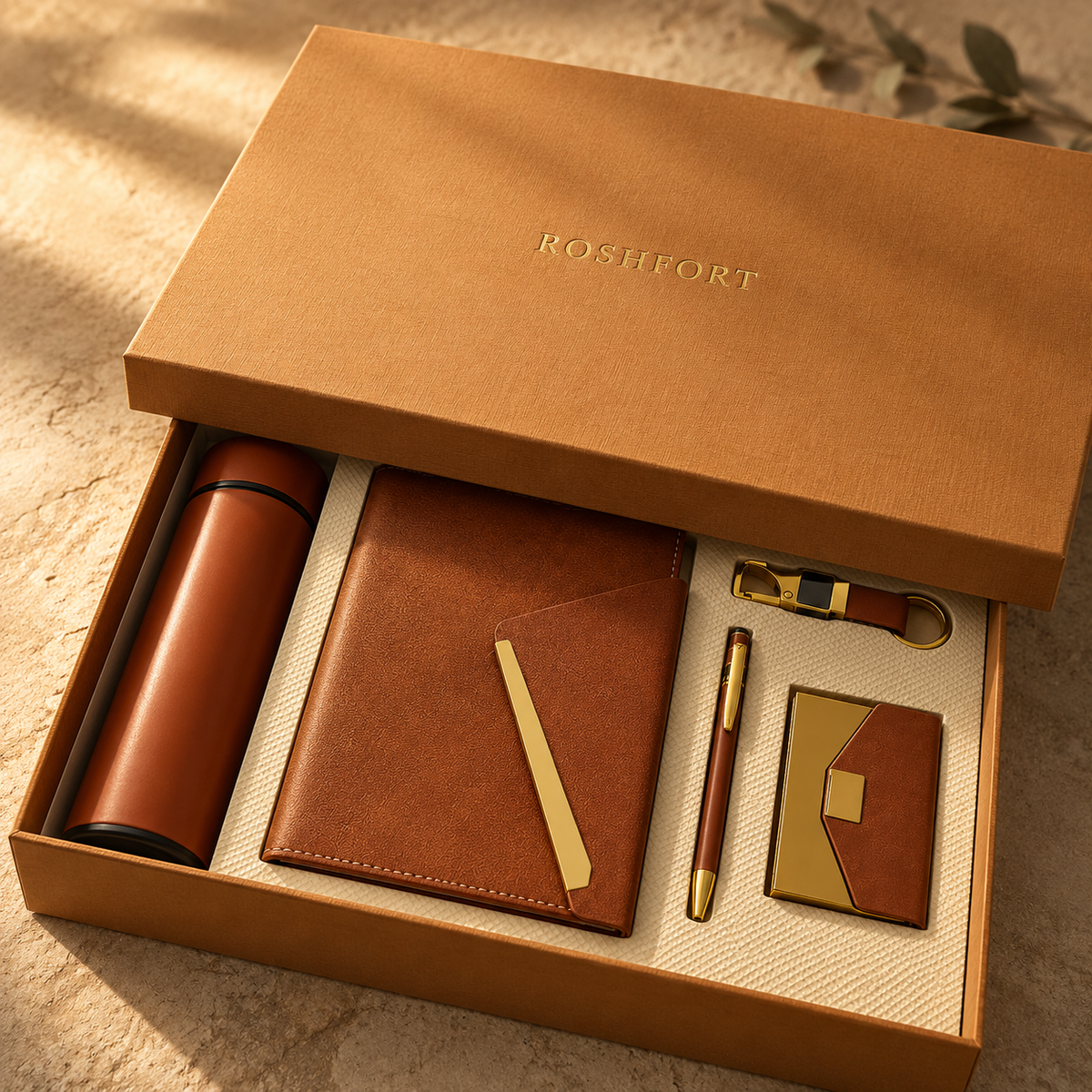 Tan presentation box with the lid lifted