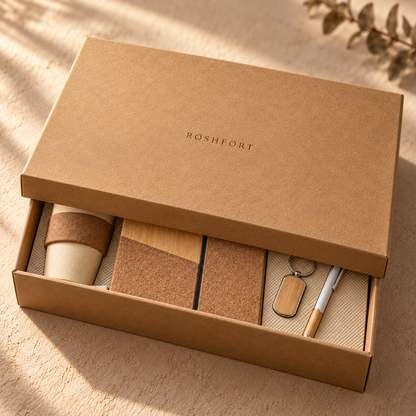 Kraft box with the lid partly drawn back, ROSHFORT on the lid