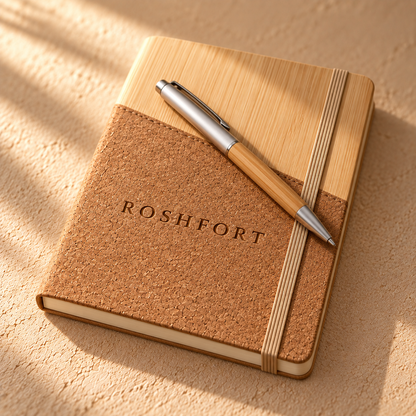 ROSHFORT burned into the cork notebook cover