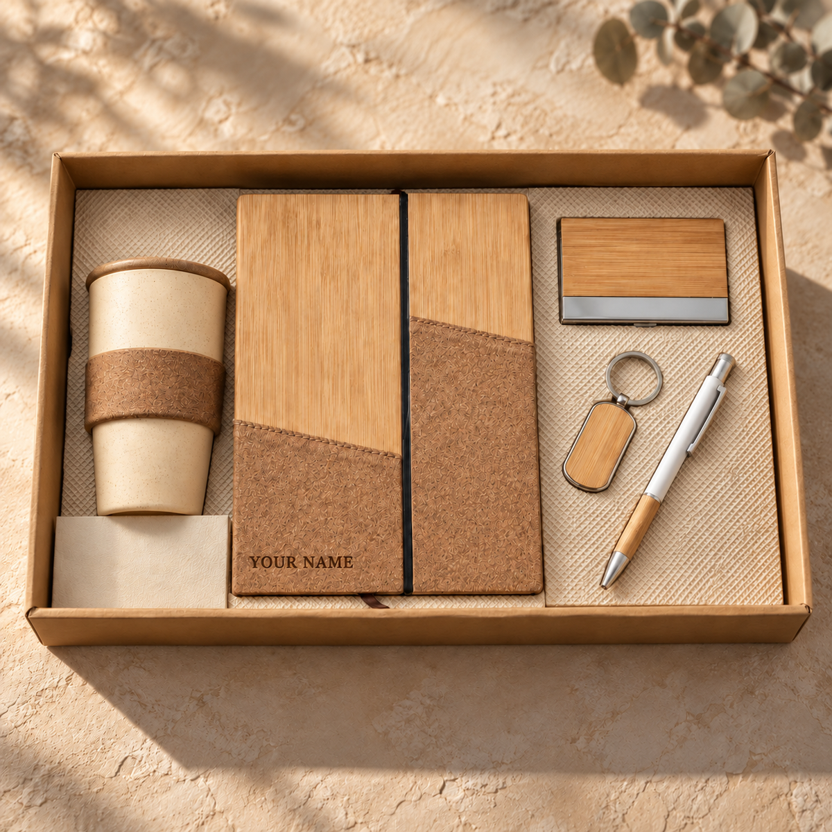 Cork and bamboo gift set with the name burned into the diary