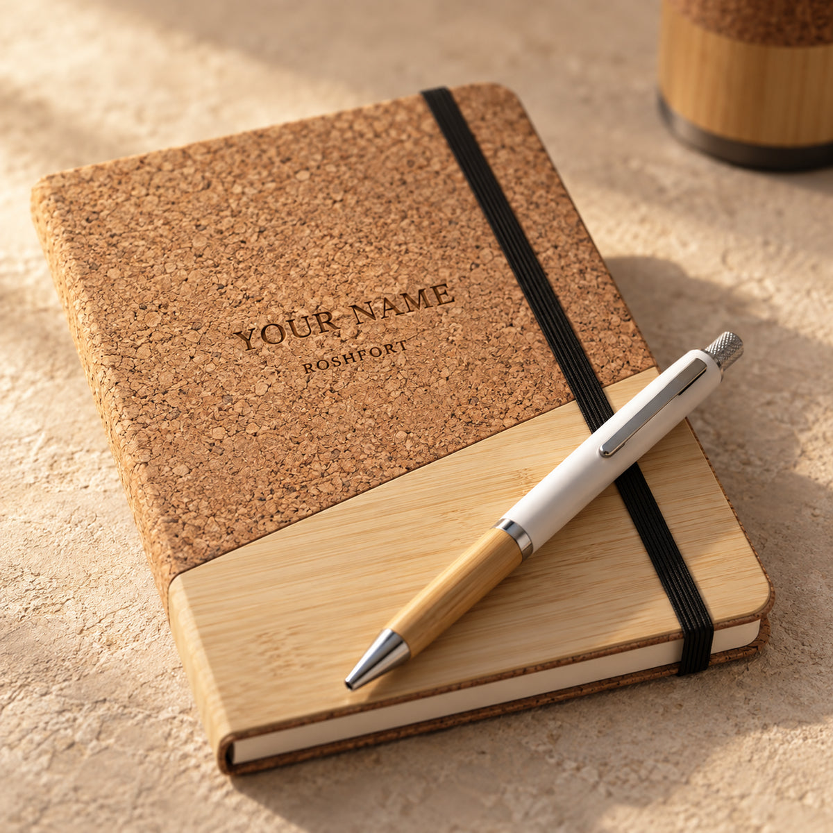 Cork diary with the recipient name burned into the cork