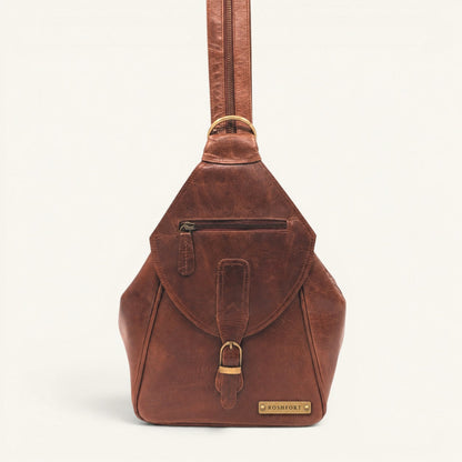ROSHFORT Activa personalised sling backpack in tan cognac crunch leather with engraved brass name plate