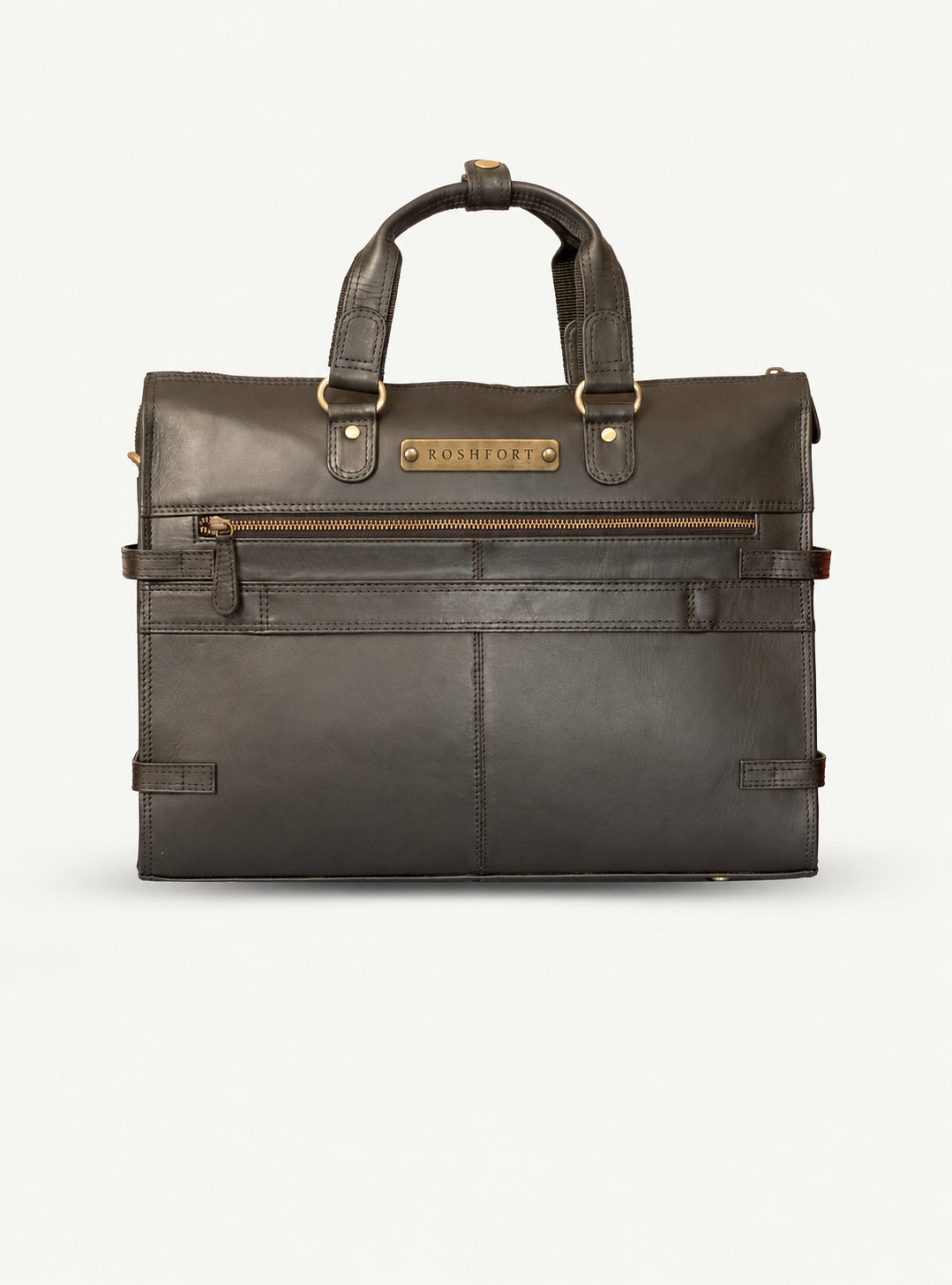 ROSHFORT Albert leather laptop briefcase in black, front view with the brass ROSHFORT name plate