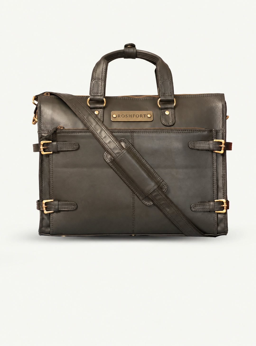 ROSHFORT Albert briefcase in black with its detachable leather shoulder strap