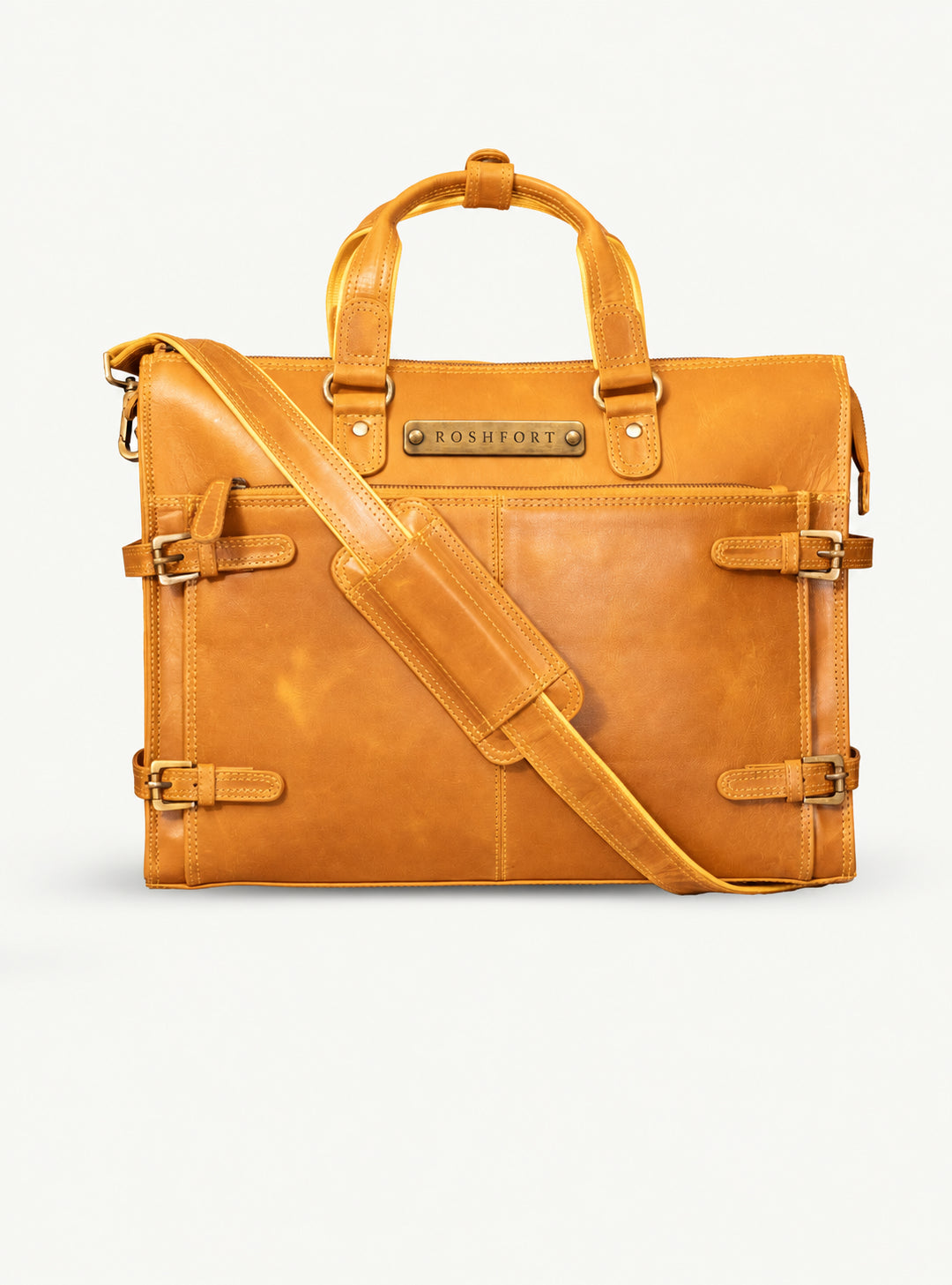 ROSHFORT Albert briefcase in mustard with its detachable leather shoulder strap