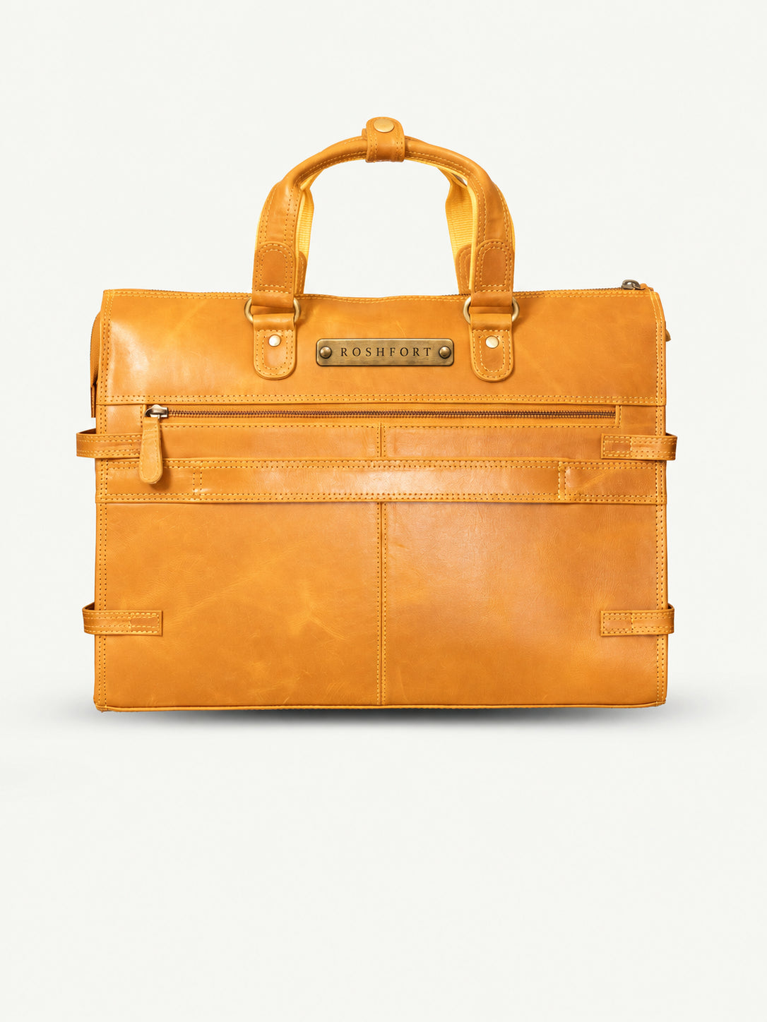 ROSHFORT Albert leather laptop briefcase in mustard, front view with the brass ROSHFORT name plate