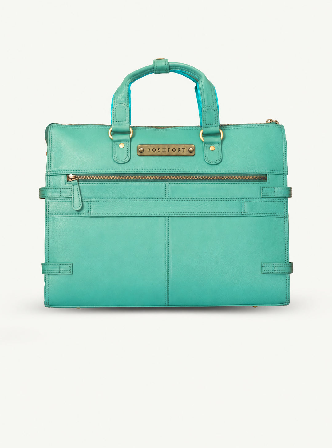ROSHFORT Albert personalised teal leather briefcase with engraved brass name plate