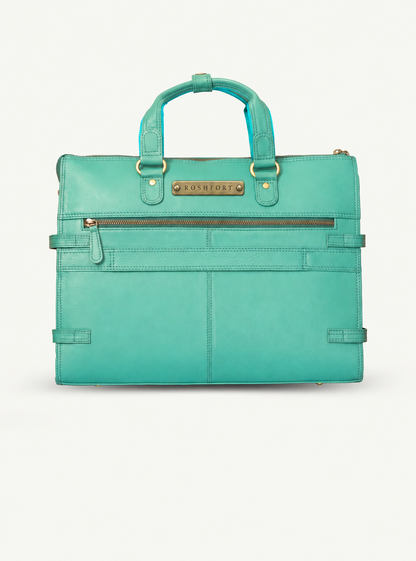 ROSHFORT Albert personalised teal leather briefcase with engraved brass name plate