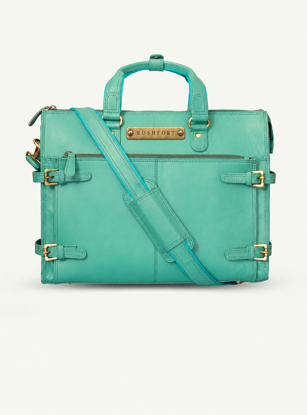 ROSHFORT Albert Teal Personalised Leather Laptop Briefcase | Engraved Brass Plate