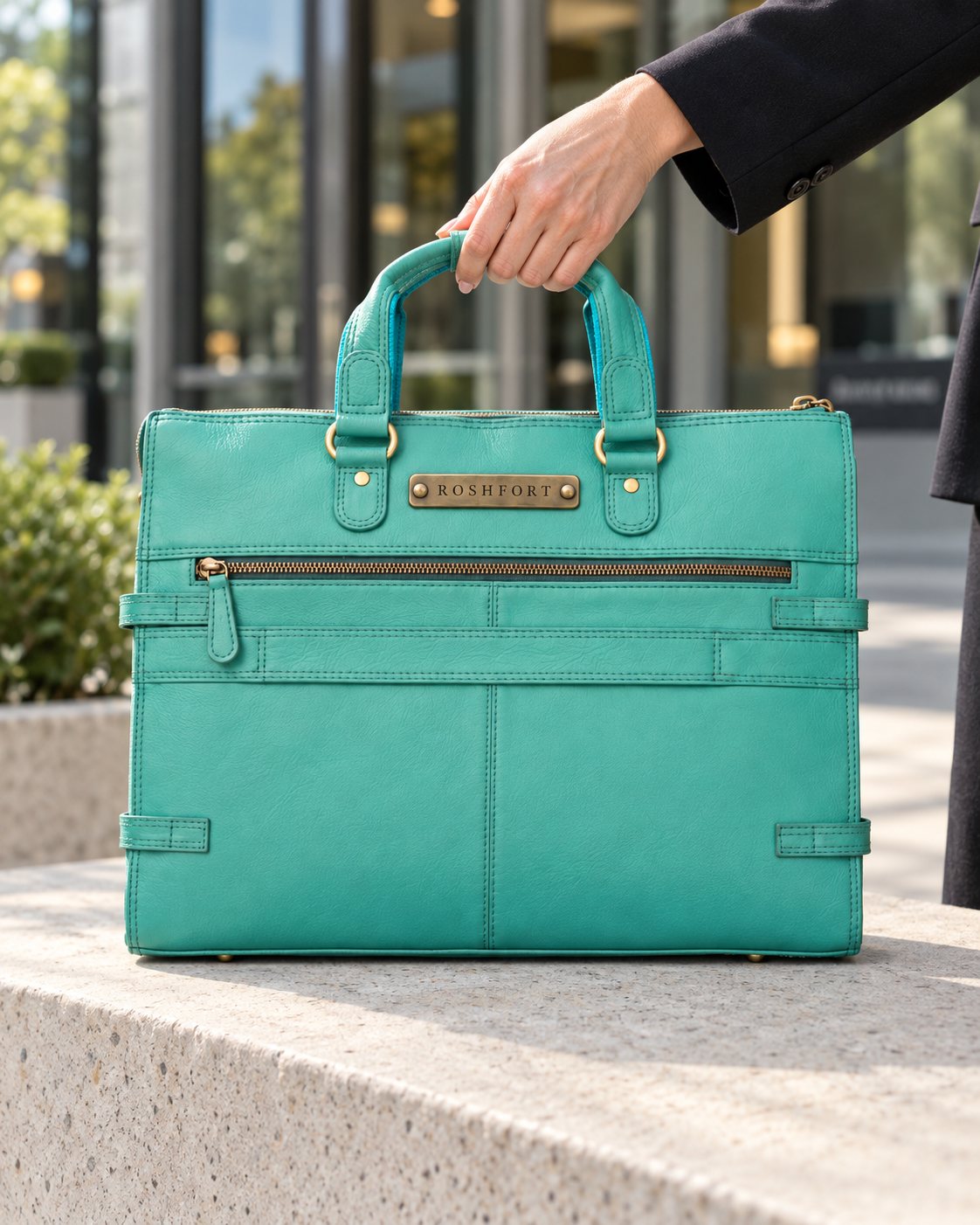 ROSHFORT Albert Teal Personalised Leather Laptop Briefcase | Engraved Brass Plate
