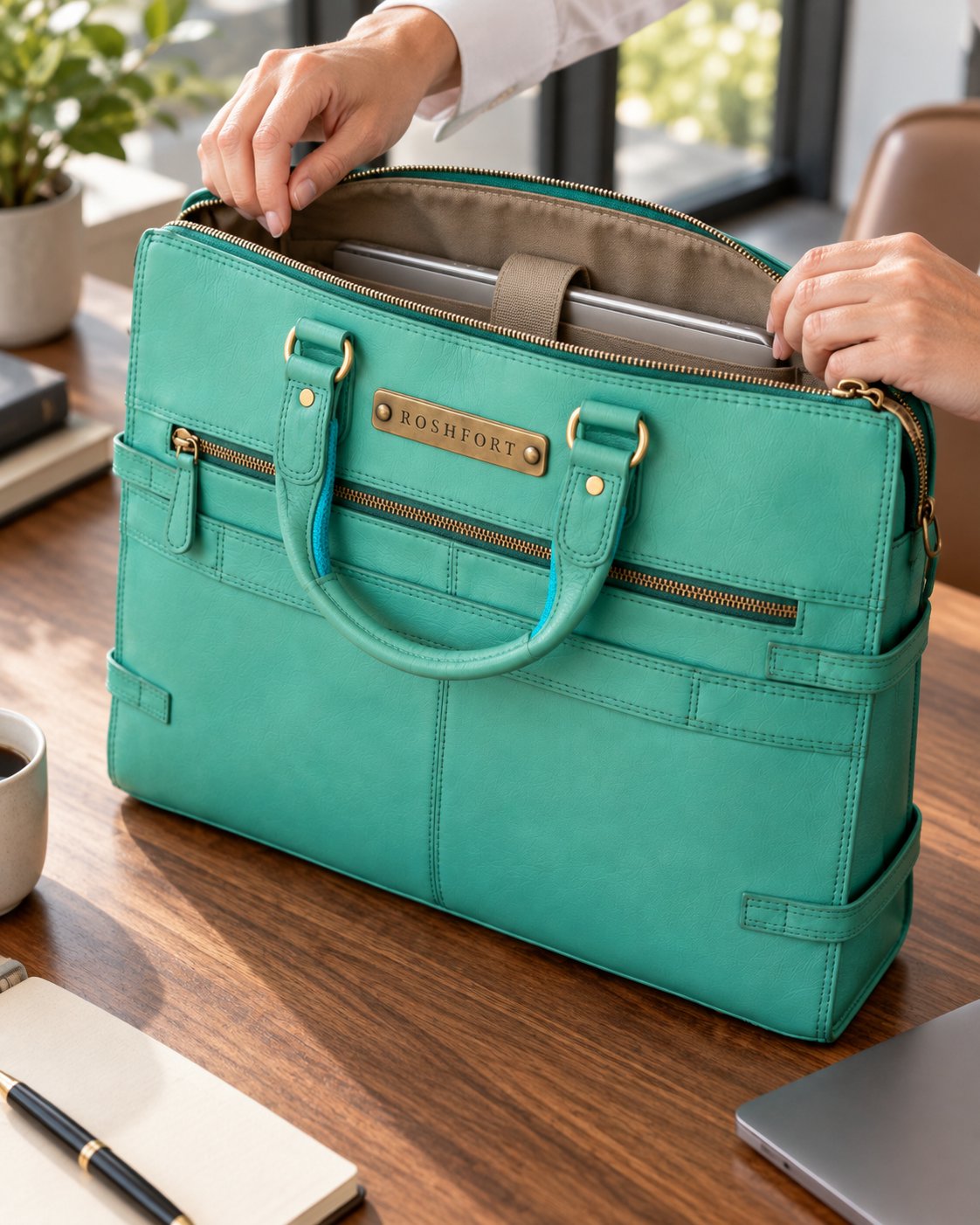 ROSHFORT Albert Teal Personalised Leather Laptop Briefcase | Engraved Brass Plate