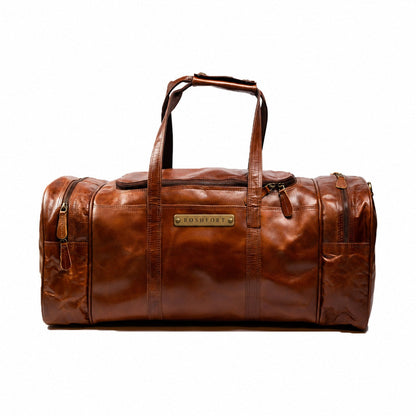 ROSHFORT Amsterdam personalised leather weekender duffle with engraved brass name plate