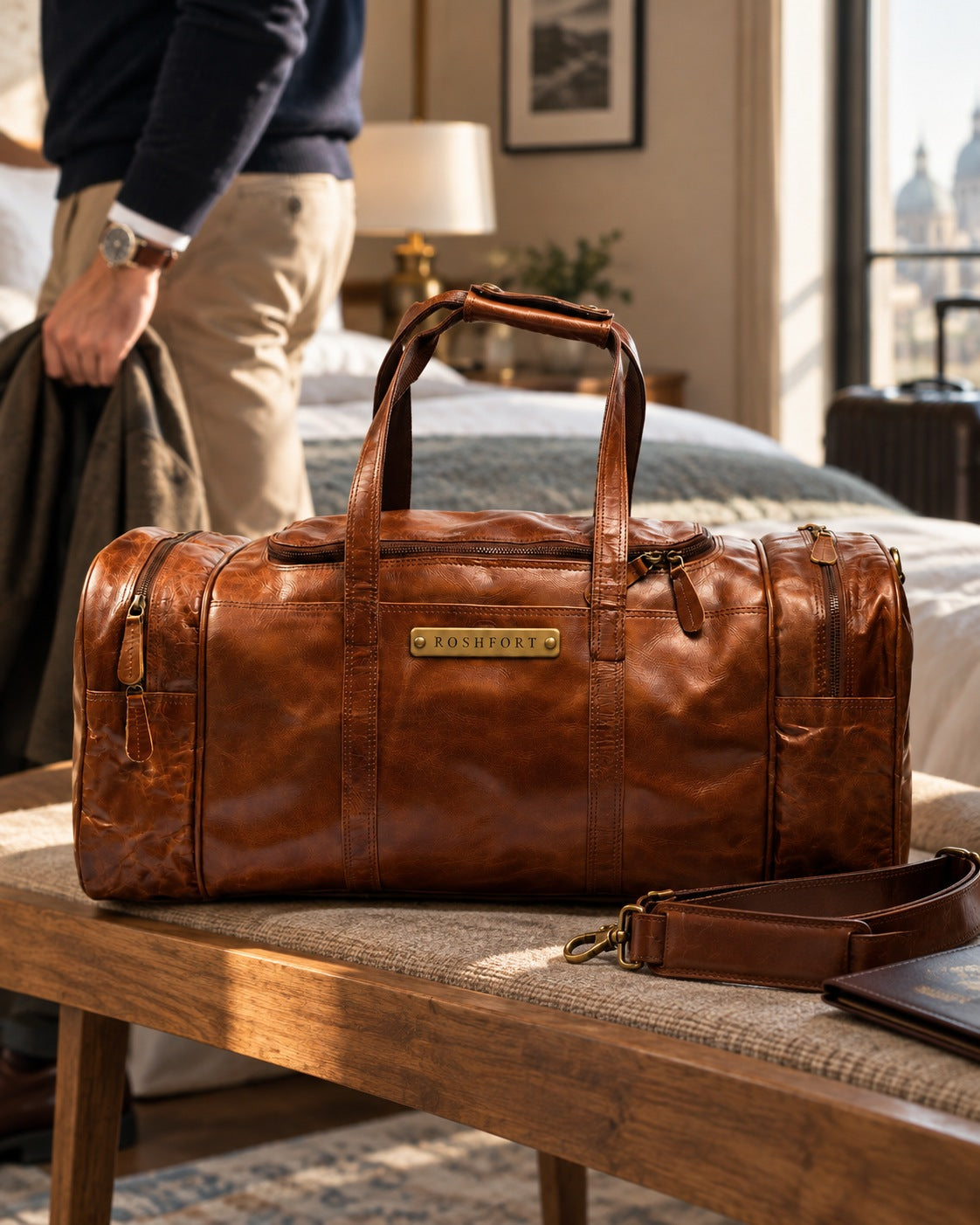 The Amsterdam duffle packed and ready on a bench at first light