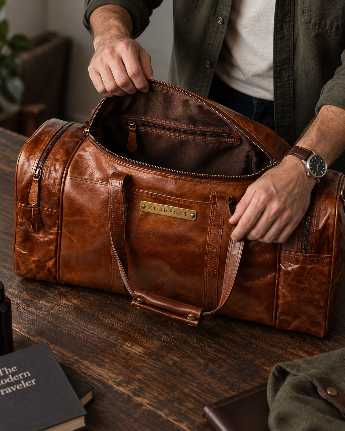 The Amsterdam duffle held open, showing the fabric-lined interior and internal pocket