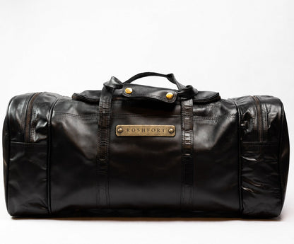 ROSHFORT Amsterdam black leather weekender duffle, front view with the brass ROSHFORT name plate