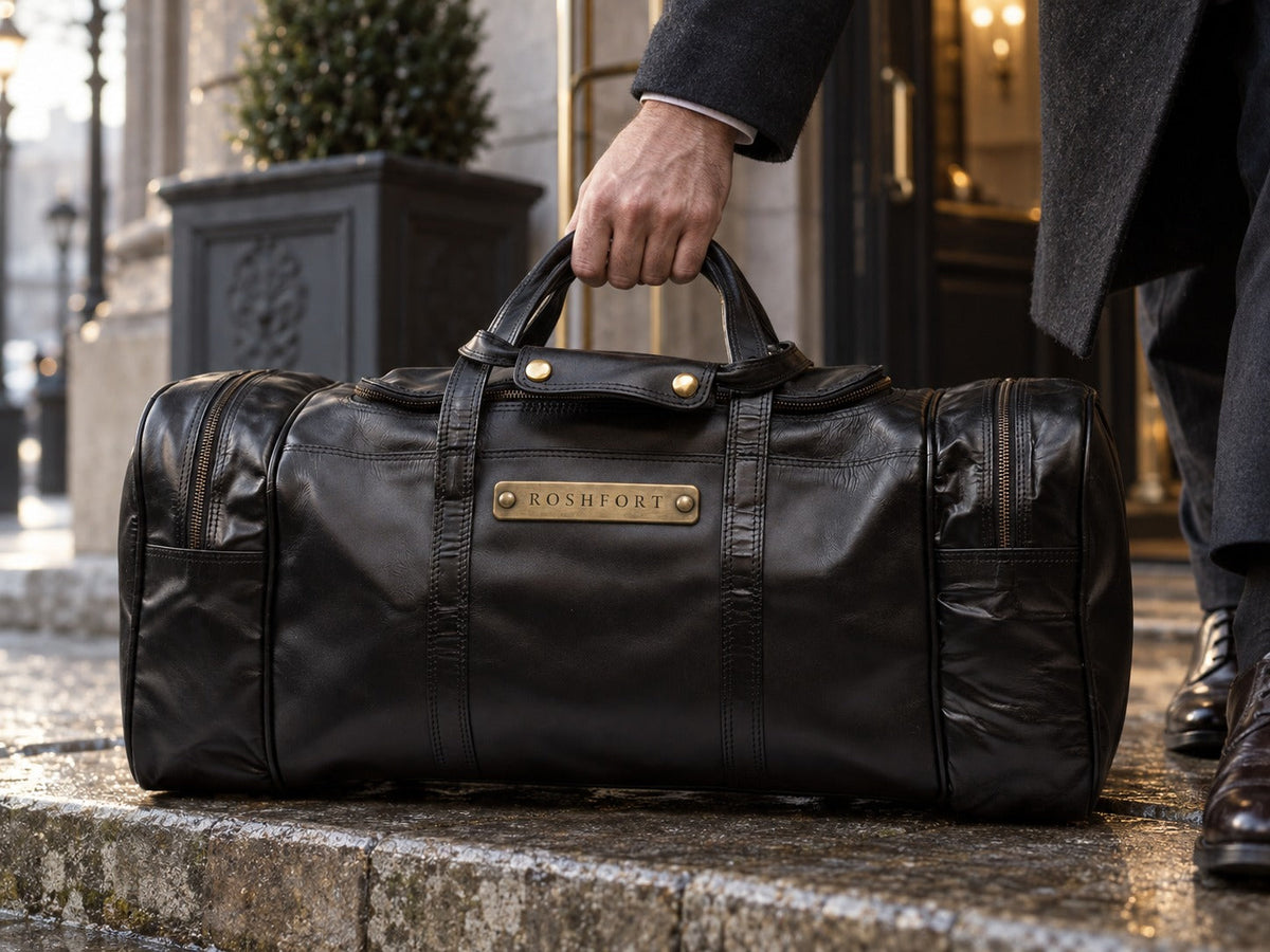 The black Amsterdam duffle waiting on a hotel step at first light