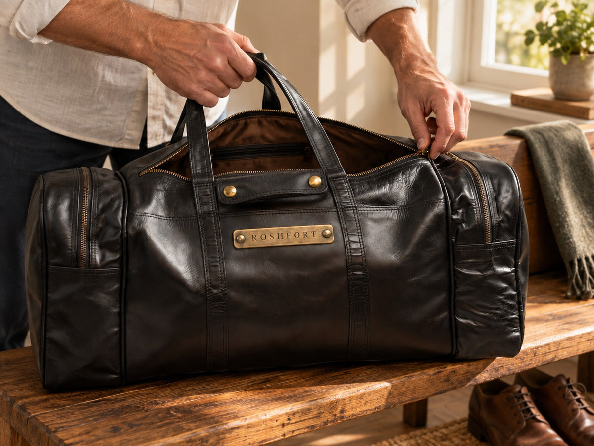 The black Amsterdam duffle being opened on a bench, showing the brown fabric lining
