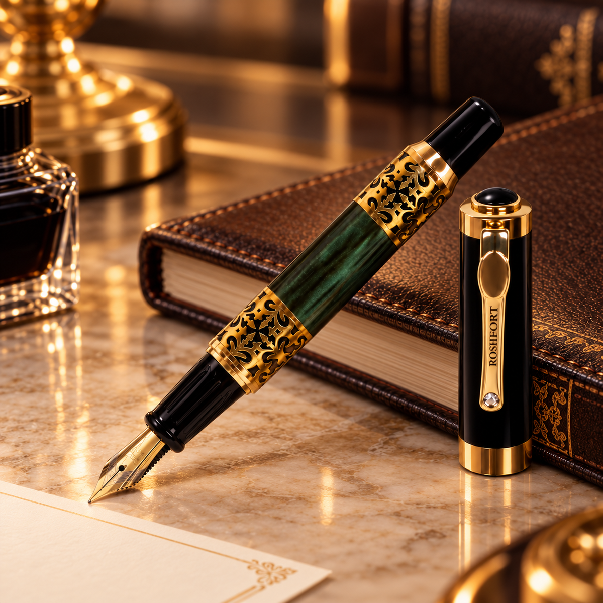 ROSHFORT Emerald Green Fountain Signature Pen - Metal - fountain nib and cap view 7