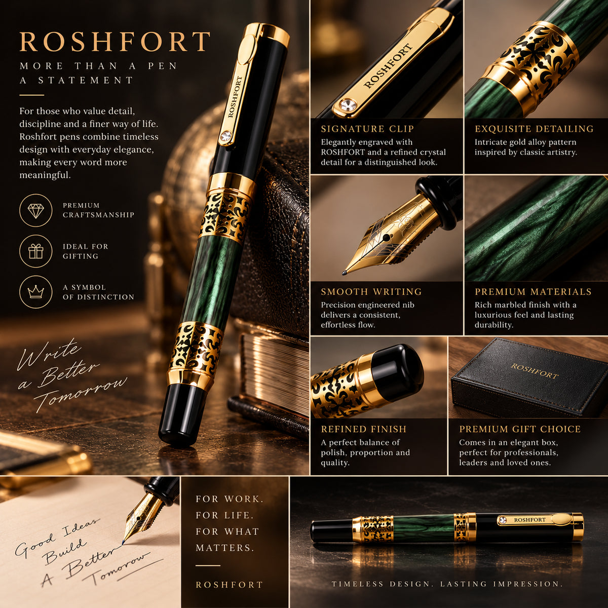 ROSHFORT Emerald Green Fountain Signature Pen - Metal - design details 11