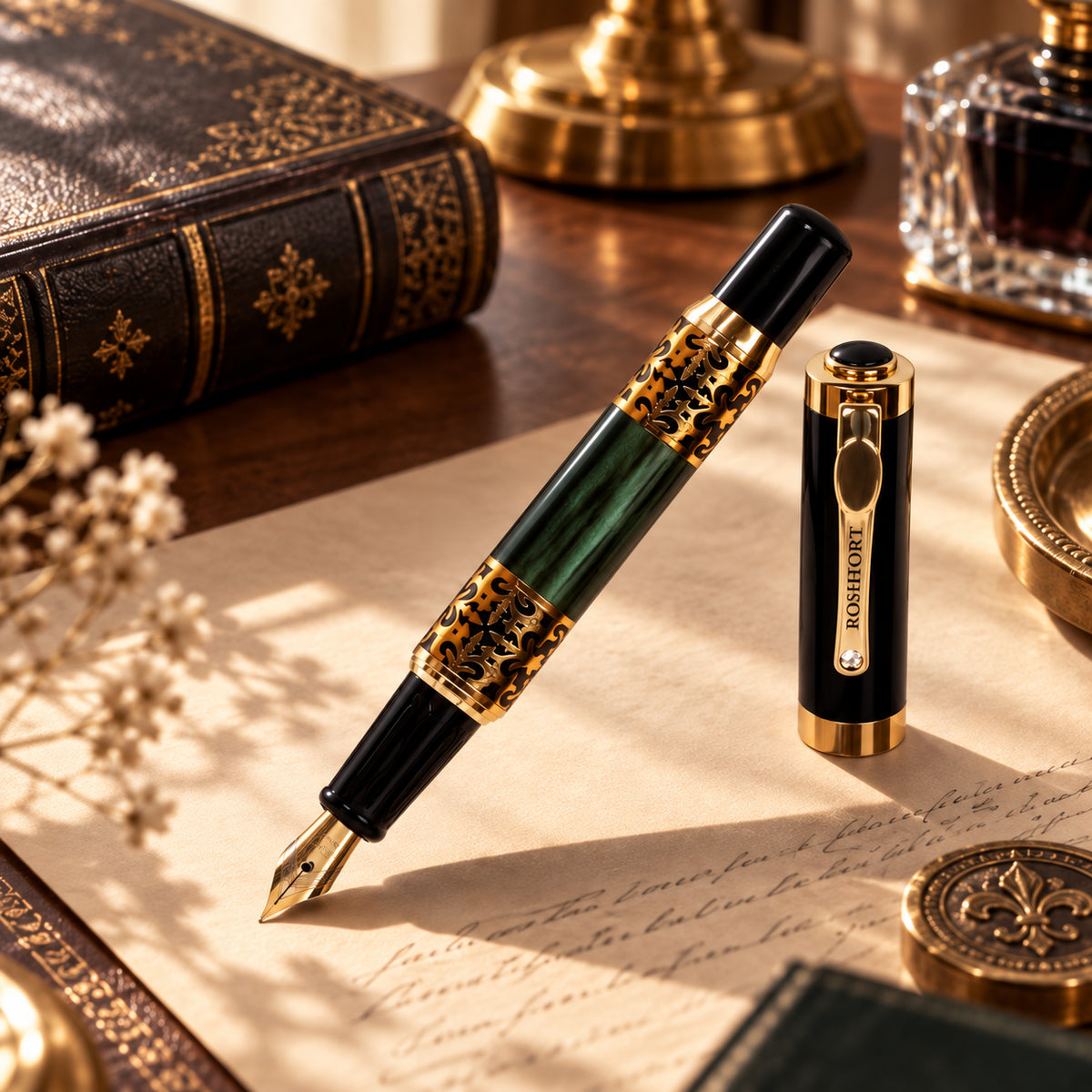 ROSHFORT Emerald Green Fountain Signature Pen - Metal - fountain nib and cap view 6