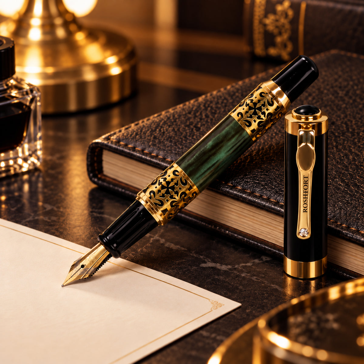ROSHFORT Emerald Green Fountain Signature Pen - Metal - fountain nib and cap view 8