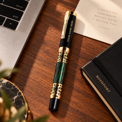 ROSHFORT Emerald Green Fountain Signature Pen - Metal - Personalised with Your Name - personalised cap view 2