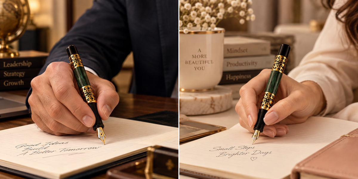 ROSHFORT Emerald Green Fountain Signature Pen - Metal - Personalised with Your Name - in-hand writing view 9