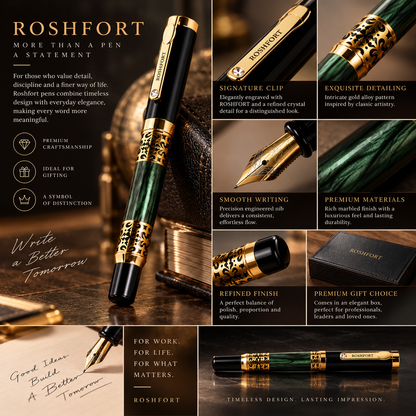 ROSHFORT Emerald Green Fountain Signature Pen - Metal - Personalised with Your Name - design details 11