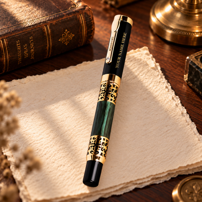 ROSHFORT Emerald Green Fountain Signature Pen - Metal - Personalised with Your Name - personalised cap view 1