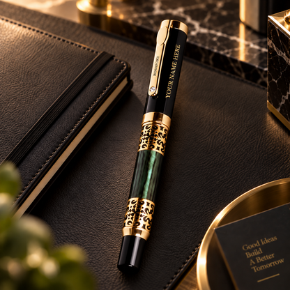 ROSHFORT Emerald Green Fountain Signature Pen - Metal - Personalised with Your Name - personalised cap view 3