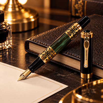 ROSHFORT Emerald Green Fountain Signature Pen - Metal - Personalised with Your Name - fountain nib and cap view 8