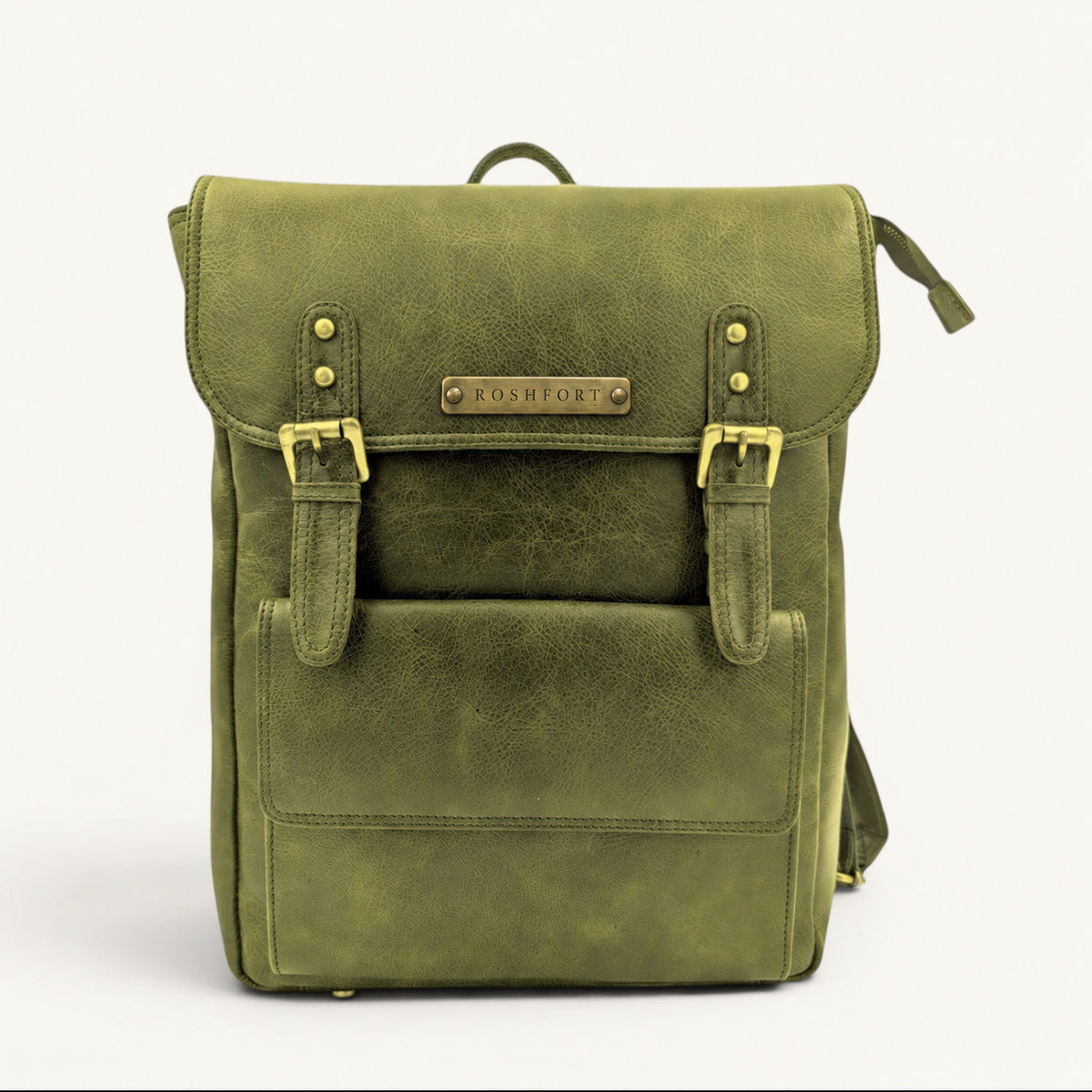 ROSHFORT Italic Royal leather backpack in olive, front view with the brass ROSHFORT name plate on the flap
