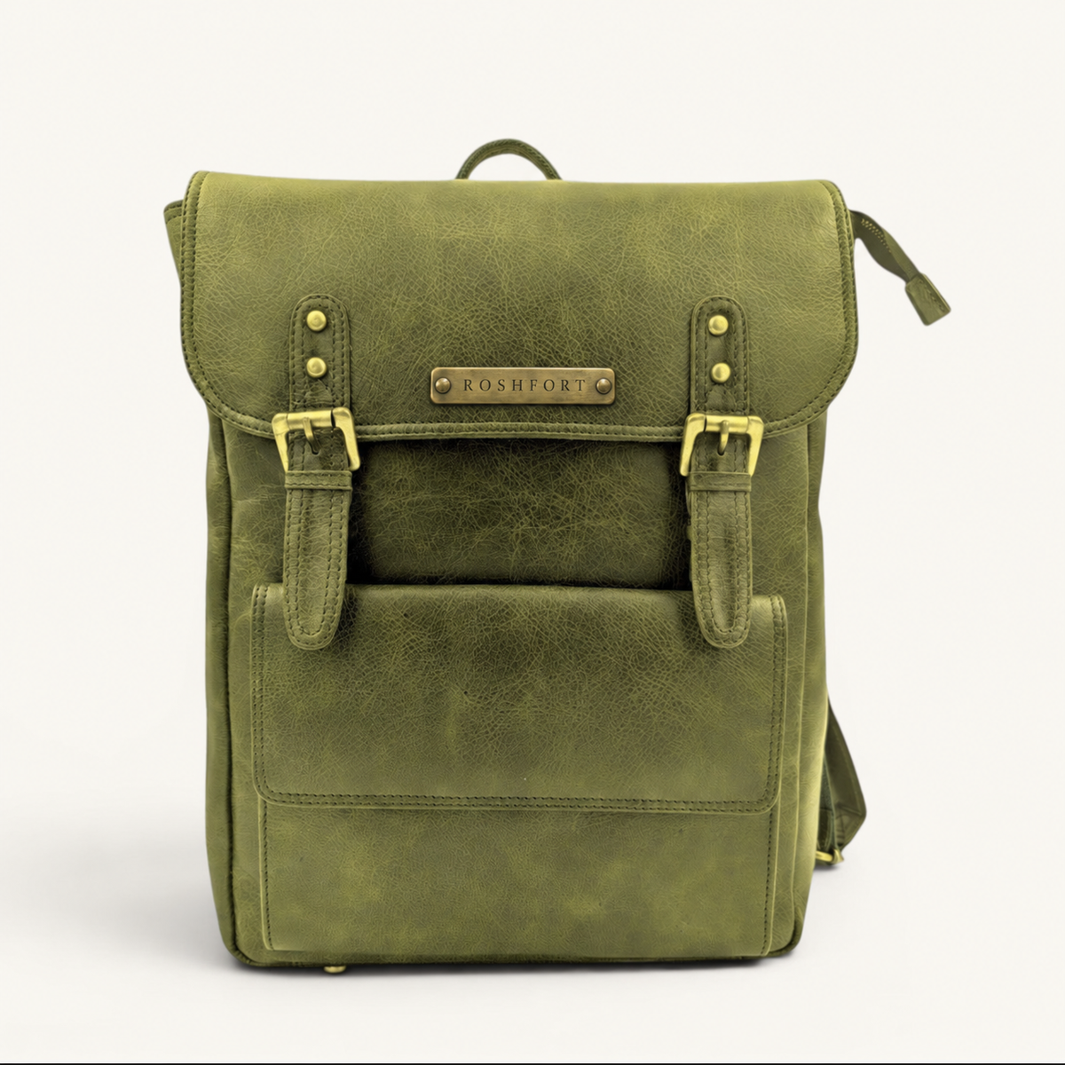 ROSHFORT Italic Royal leather backpack in olive, front view with the brass ROSHFORT name plate on the flap