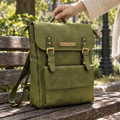 The olive Italic Royal backpack on a park bench, being picked up by its top handle