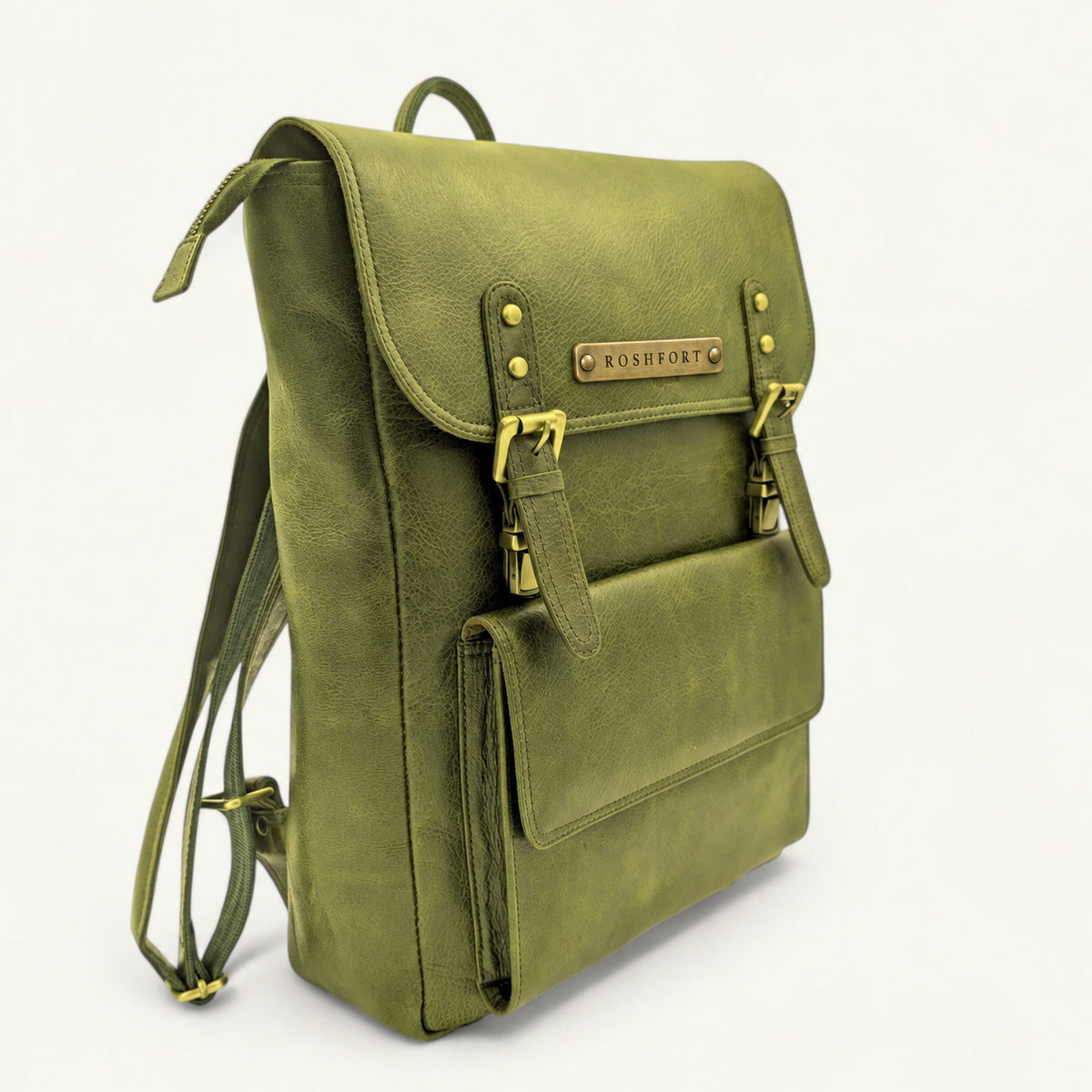 ROSHFORT Italic Royal leather backpack in olive, three quarter view