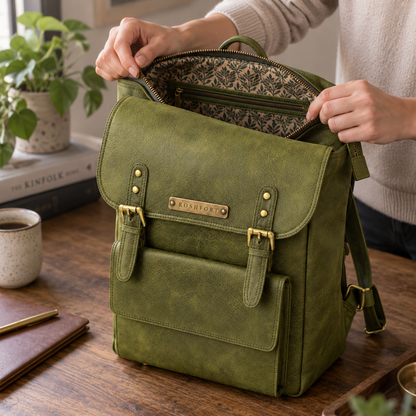 The olive Italic Royal backpack being opened, showing the printed cotton lining
