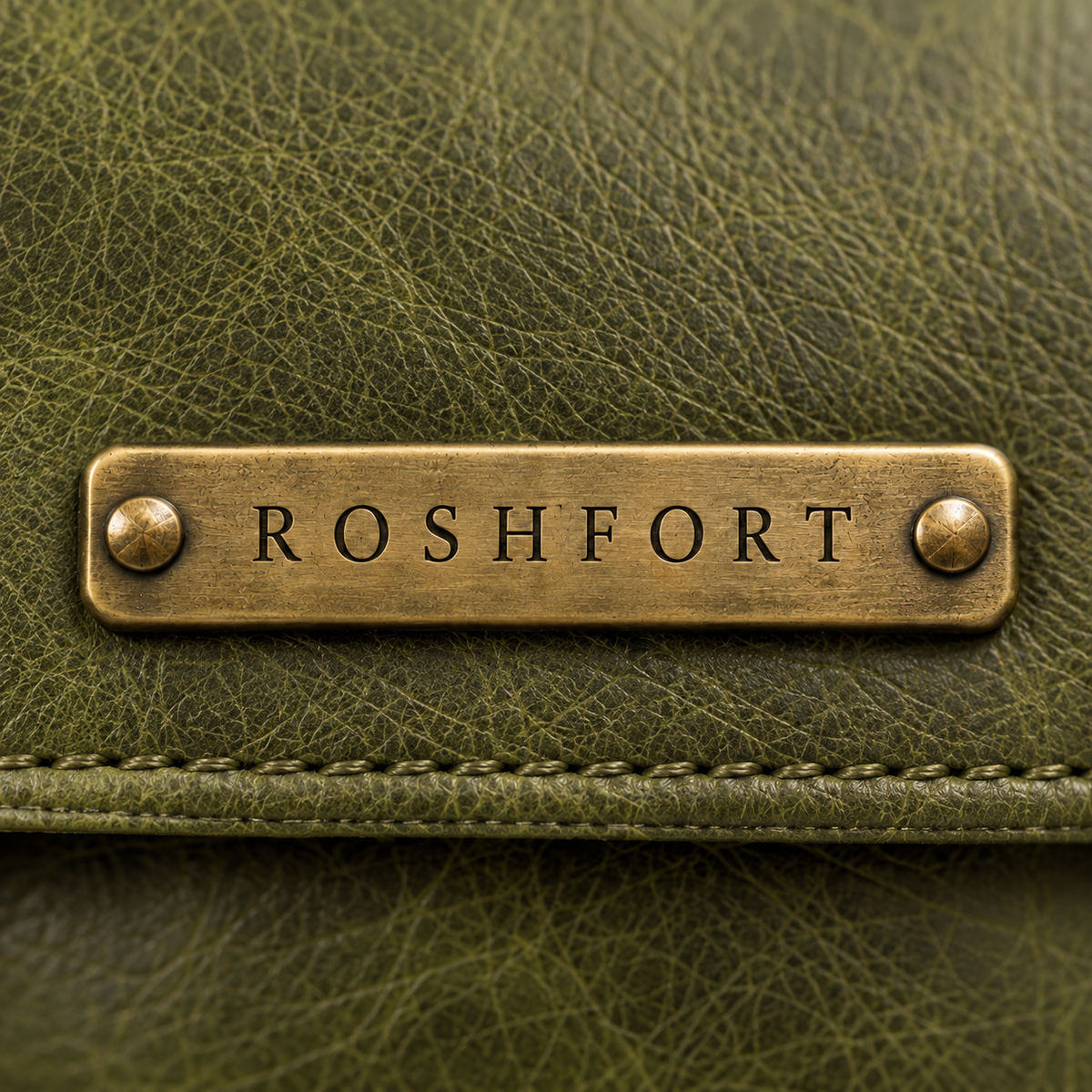 Close-up of the aged brass ROSHFORT name plate on the olive leather flap