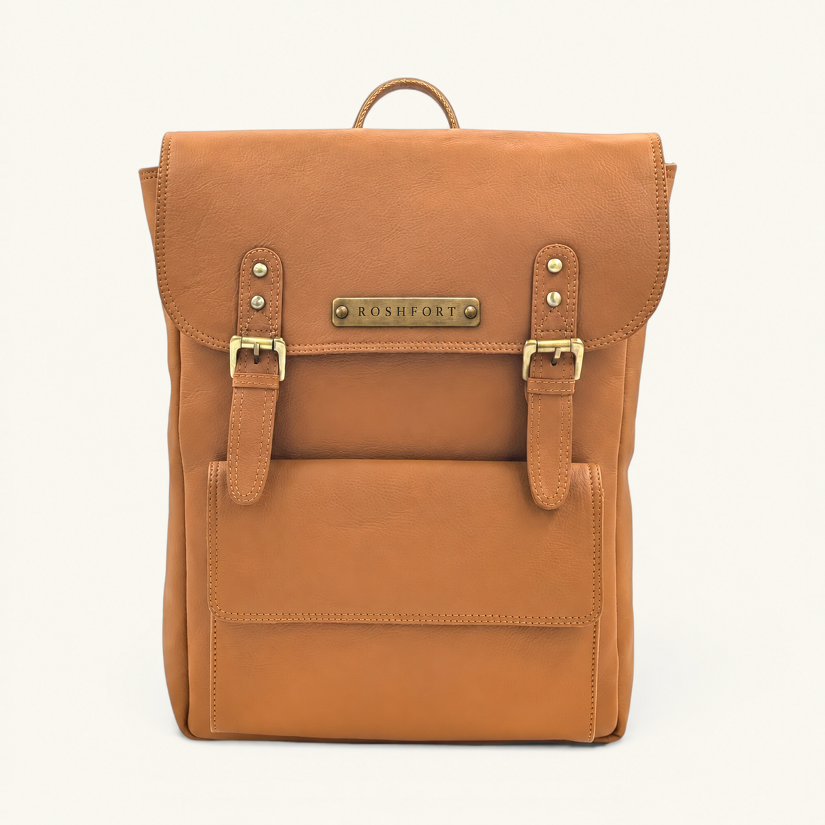 ROSHFORT Italic Royal personalised tan leather backpack with engraved brass name plate