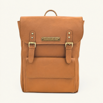 ROSHFORT Italic Royal personalised tan leather backpack with engraved brass name plate