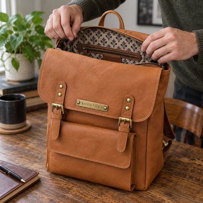 The tan Italic Royal backpack being opened, showing the printed cotton lining