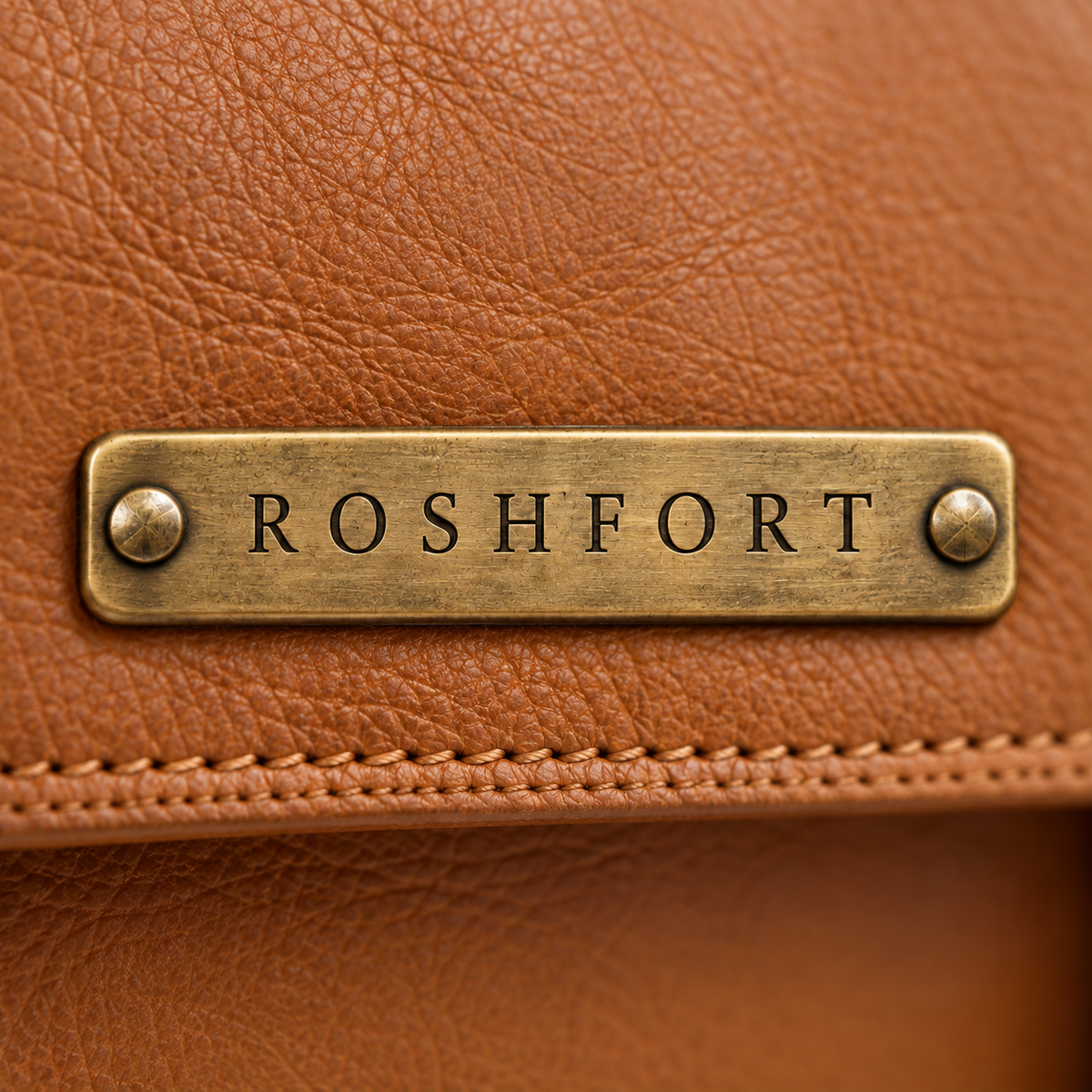 Close-up of the aged brass ROSHFORT name plate on the tan leather flap