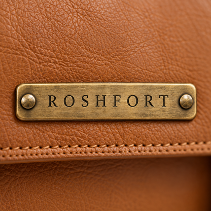 Close-up of the aged brass ROSHFORT name plate on the tan leather flap