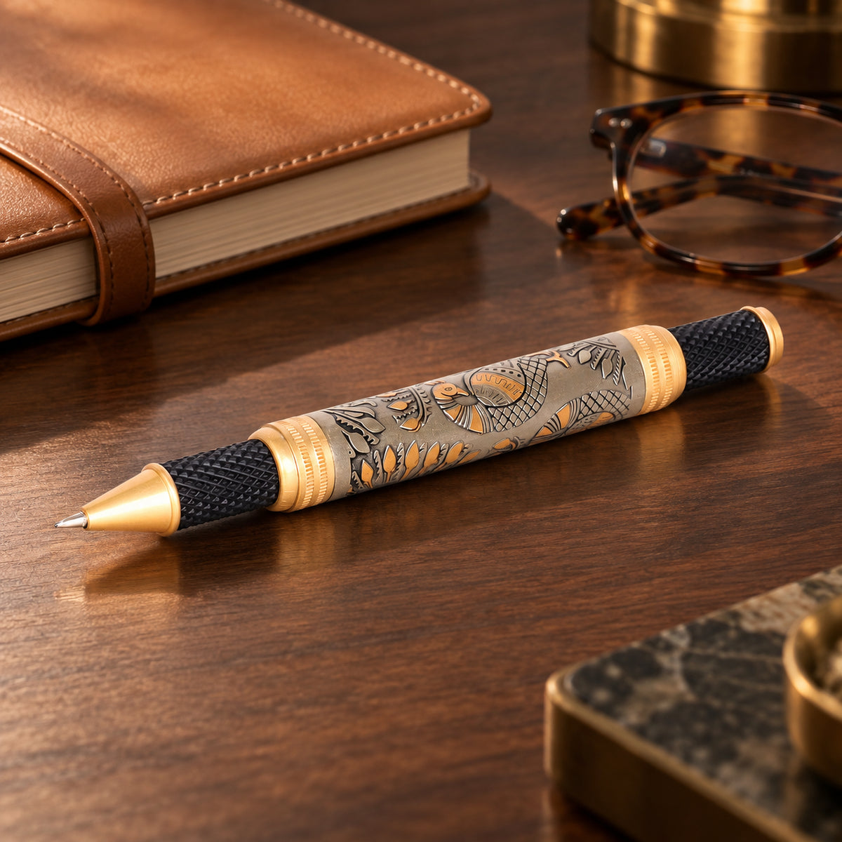 ROSHFORT Madhubani Signature Roller Pen — wooden desk view