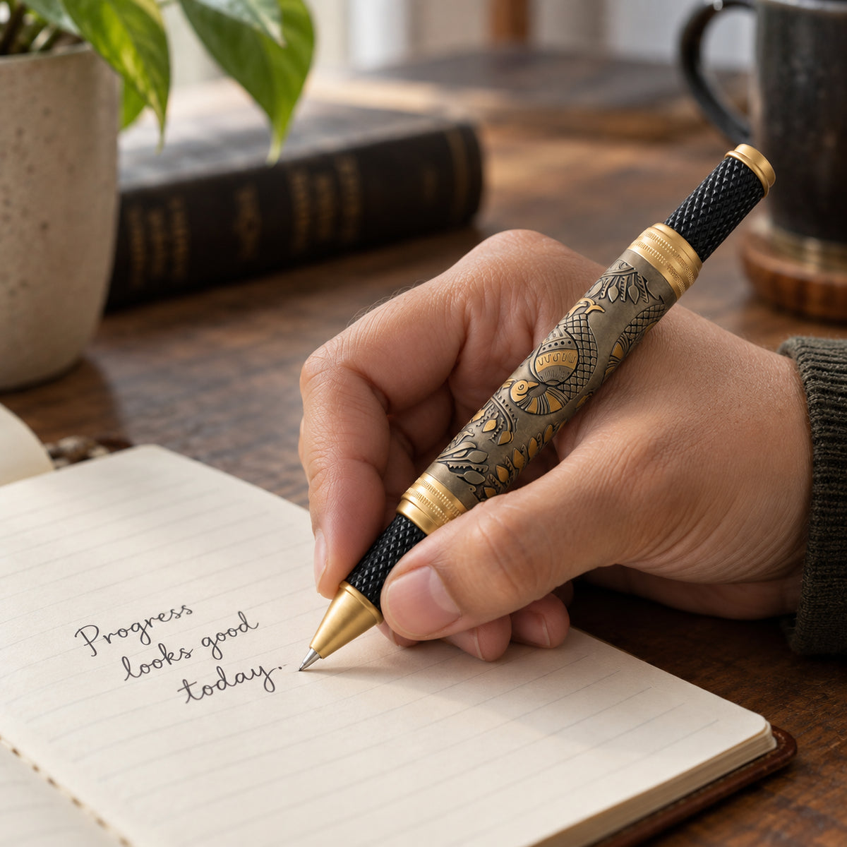 ROSHFORT Madhubani Signature Roller Pen — in-hand writing view