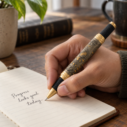 ROSHFORT Madhubani Signature Roller Pen — in-hand writing view